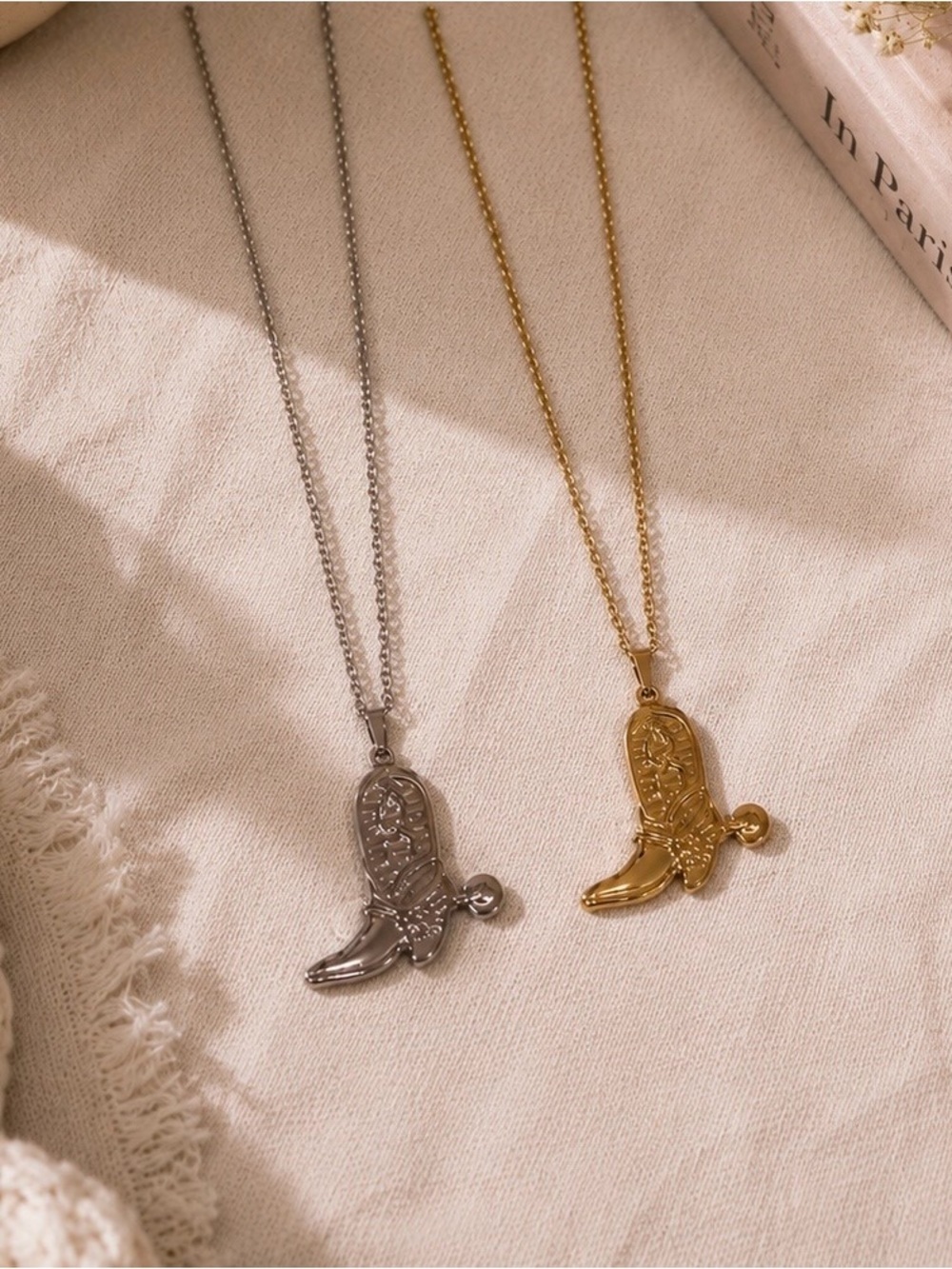 Set of 2 stainless steel Cowboy Boot Pendant Necklace - Silver & Gold new gift